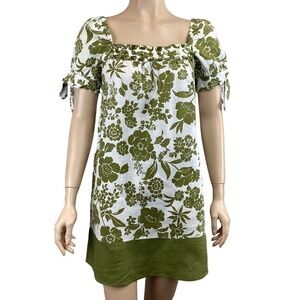 Alexandra Bartlett 100% Linen‎ White & Olive Green Dress Size Medium Puff Short